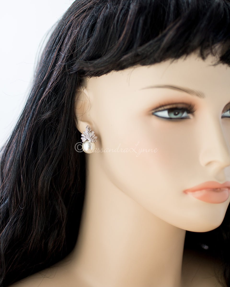 Pearl and CZ Wedding Jewelry Studs - Earrings - Cassandra Lynne