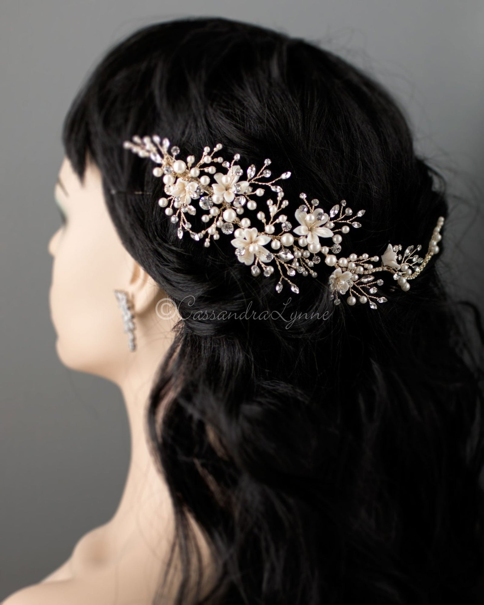 Bridal Veil Comb of Porcelain Flowers and Light Gold Leaves - Cassandra  Lynne