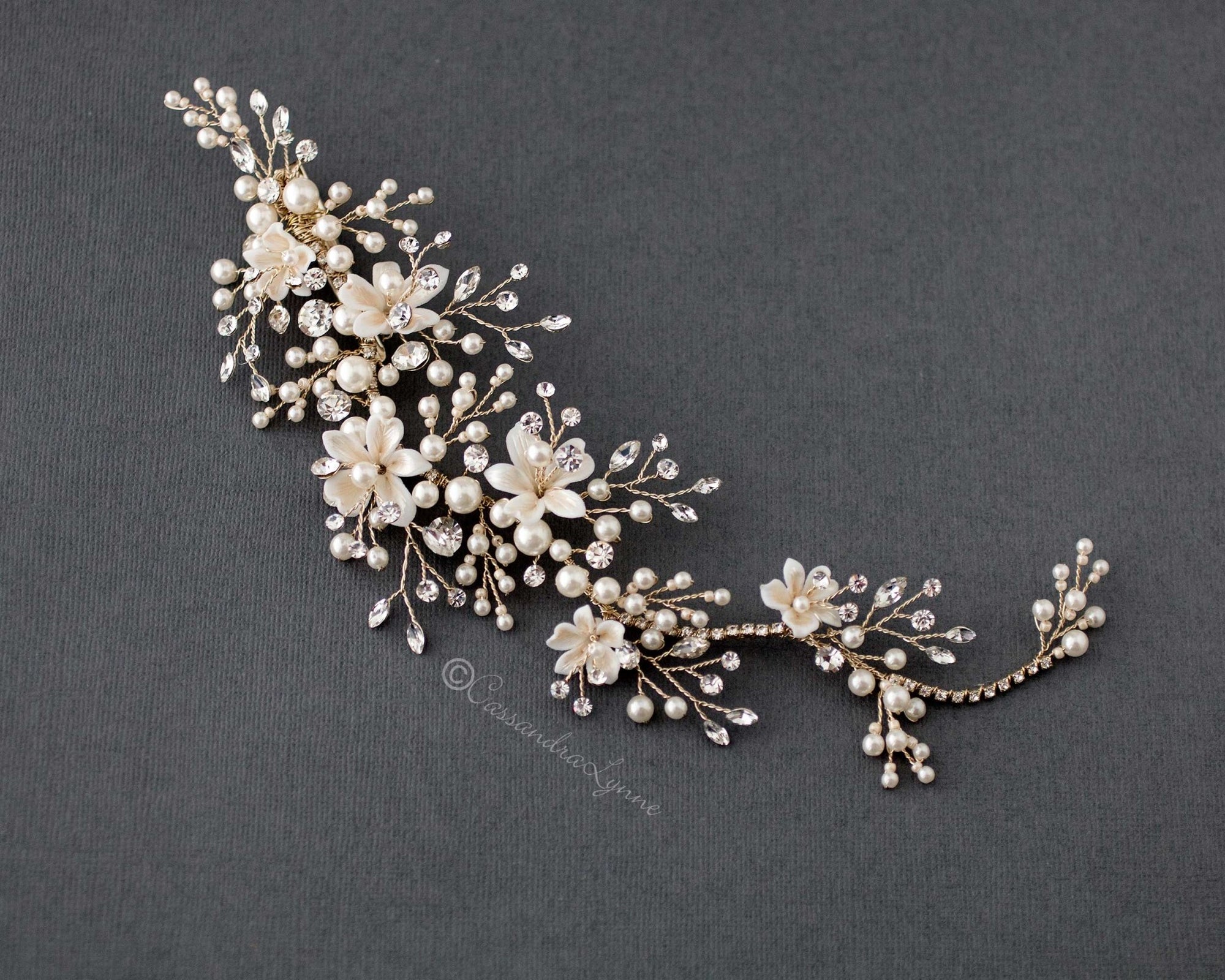 Pearl and Porcelain Flower Gold Bridal Headpiece - Cassandra Lynne