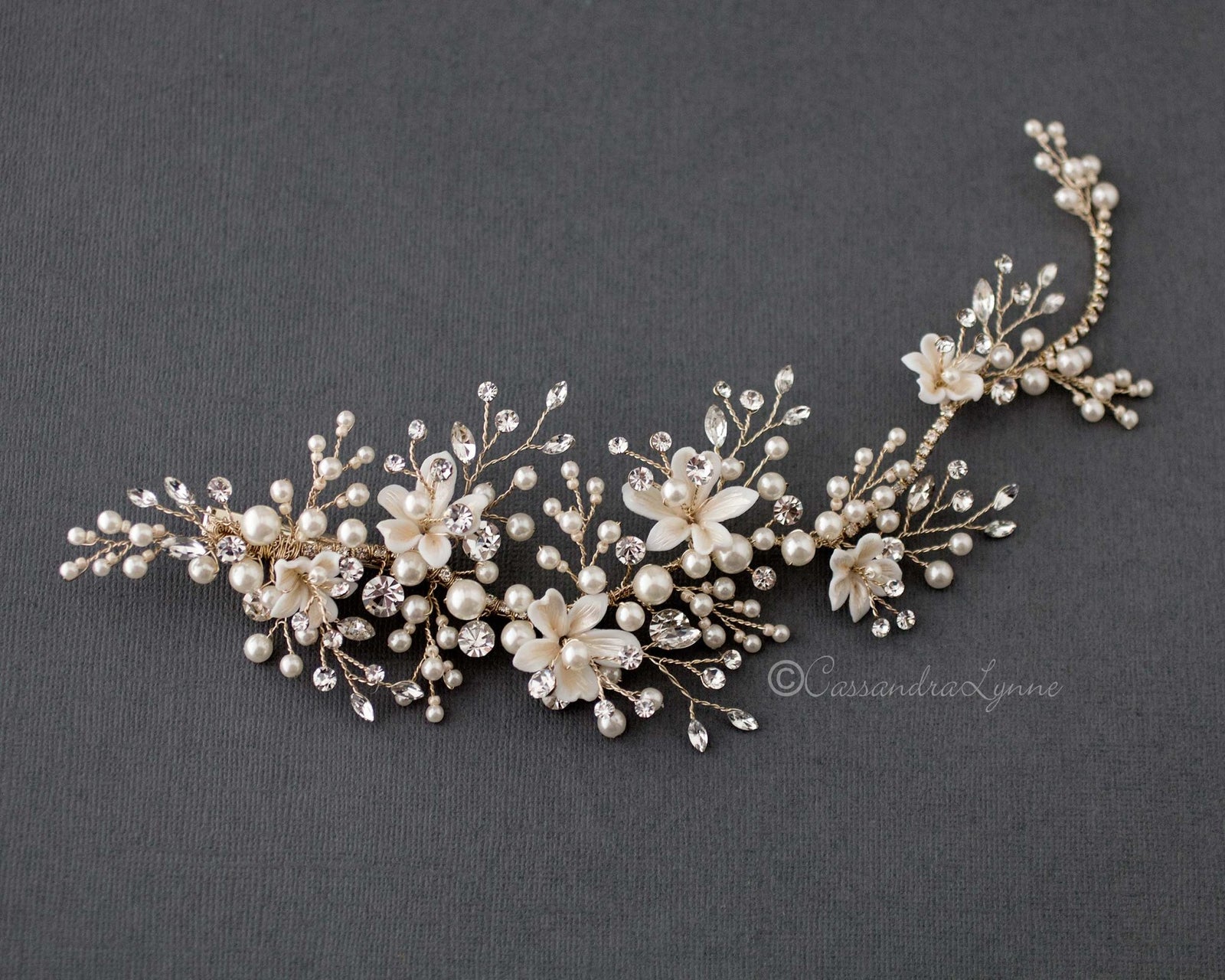 Pearl and Porcelain Flower Gold Bridal Headpiece - Cassandra Lynne