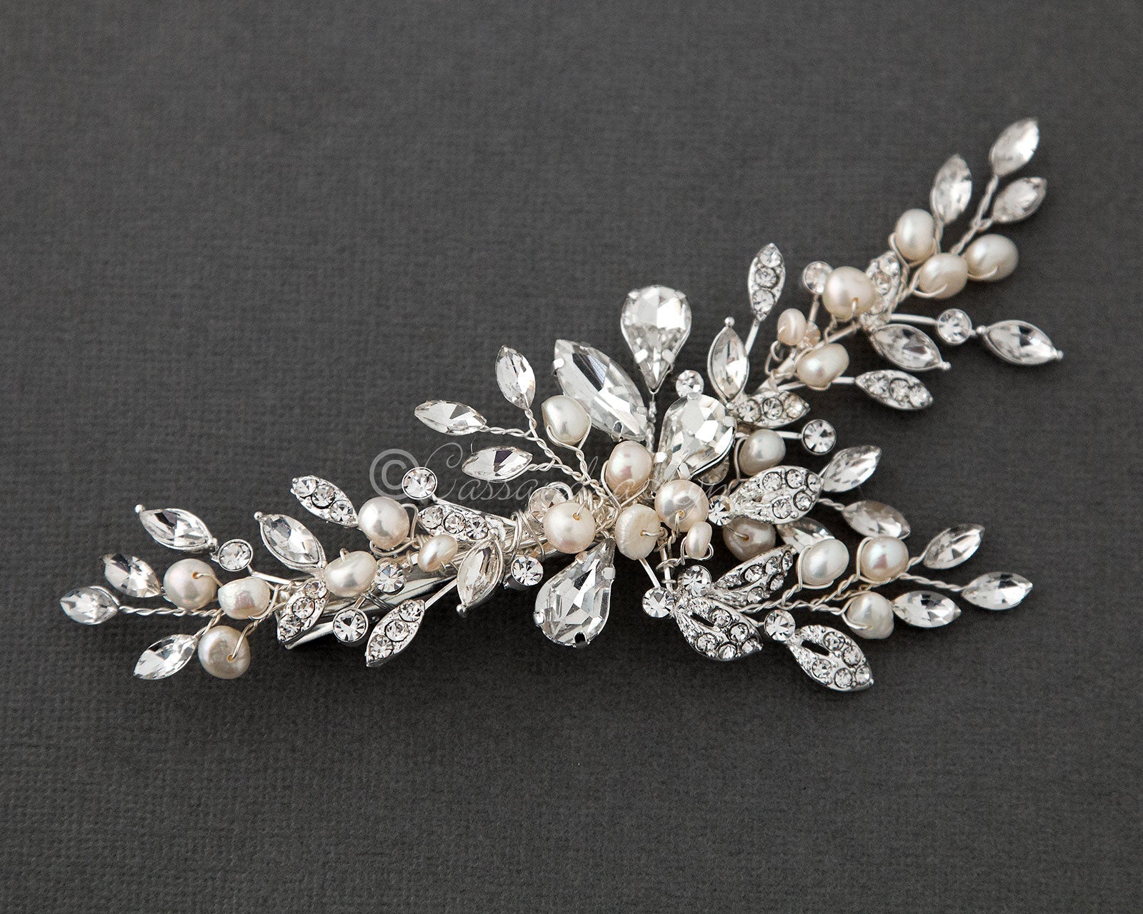 Pearl Bridal Hair Clip of Crystal Leaf and Pearl - Hair Clips - Cassandra Lynne