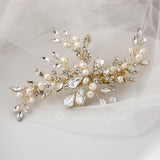 Pearl Bridal Hair Clip of Crystal Leaf and Pearl - Hair Clips - Cassandra Lynne