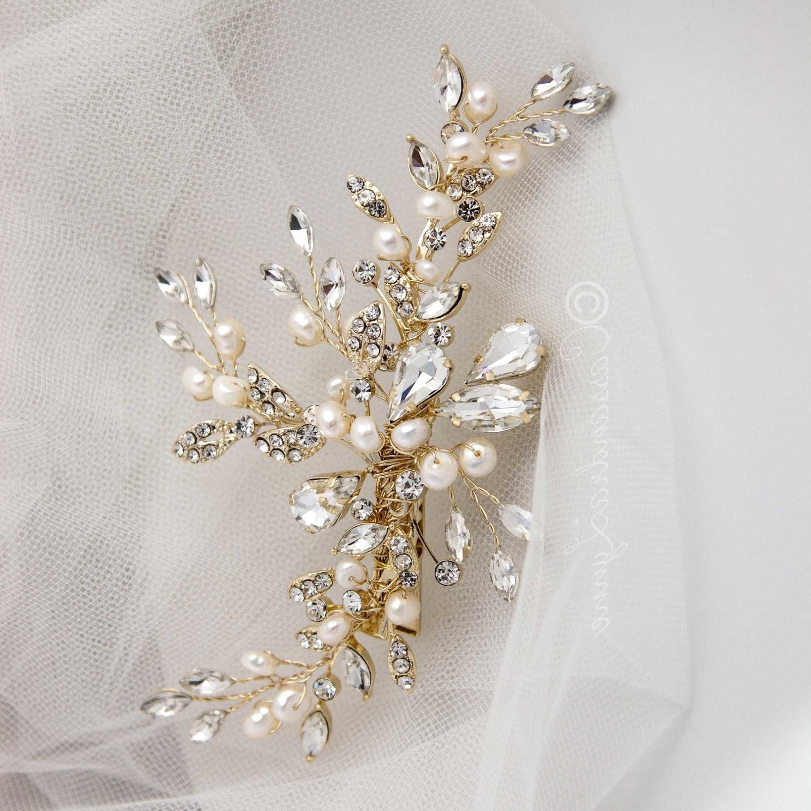 Pearl Bridal Hair Clip of Crystal Leaf and Pearl - Hair Clips - Cassandra Lynne