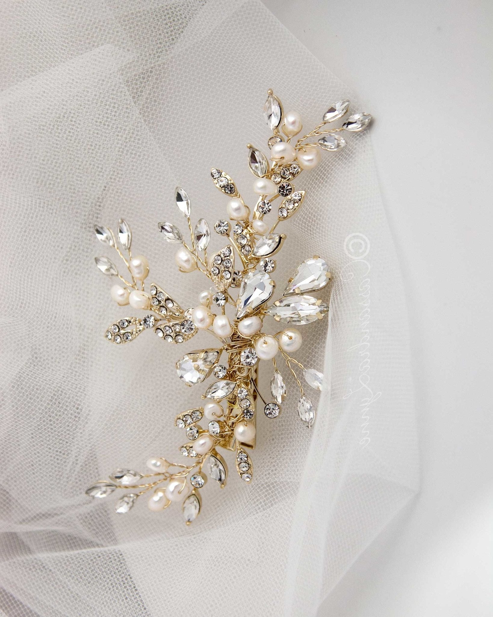 Pearl Bridal Hair Clip of Crystal Leaf and Pearl - Hair Clips - Cassandra Lynne