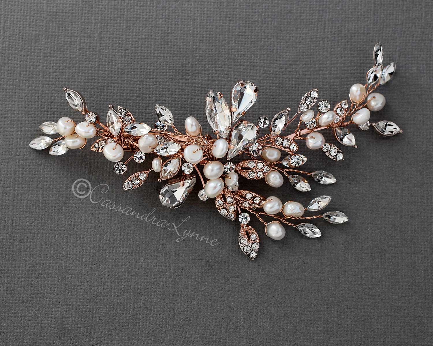 Pearl Bridal Hair Clip of Crystal Leaf and Pearl - Hair Clips - Cassandra Lynne