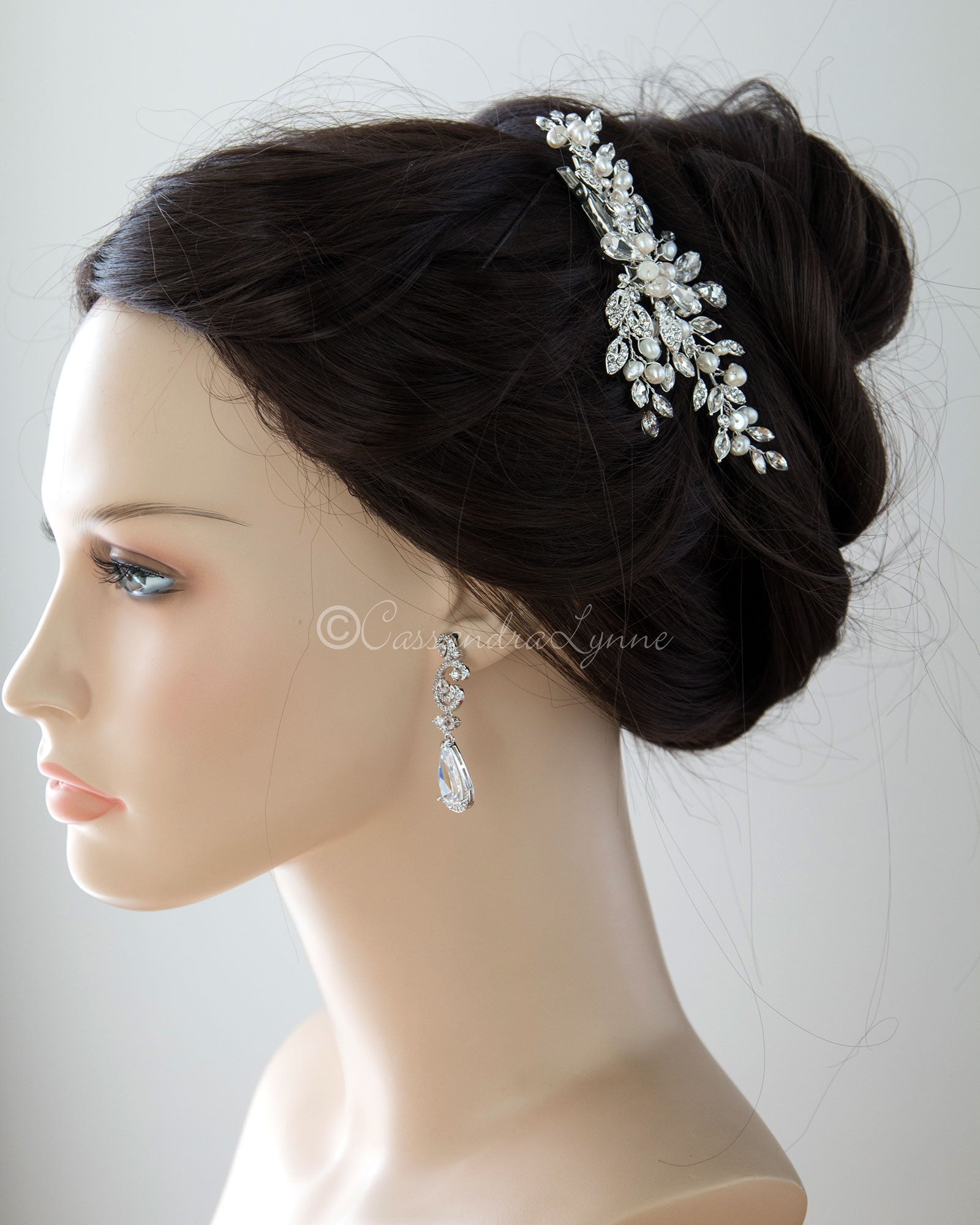 Pearl Bridal Hair Clip of Crystal Leaf and Pearl - Hair Clips - Cassandra Lynne