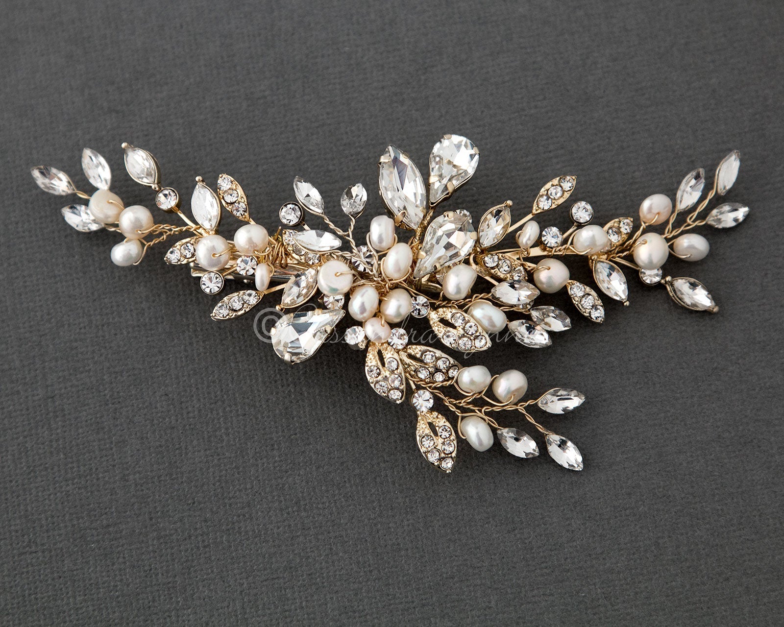 Pearl Bridal Hair Clip of Crystal Leaf and Pearl - Hair Clips - Cassandra Lynne