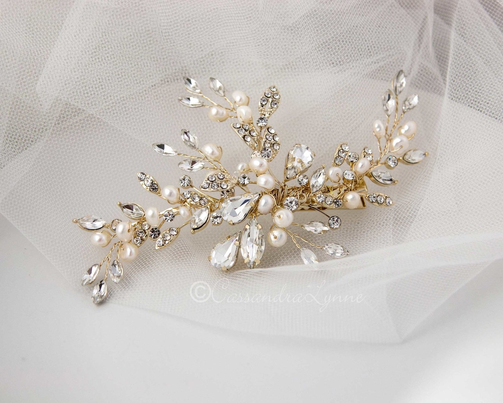 Pearl Bridal Hair Clip of Crystal Leaf and Pearl - Cassandra Lynne