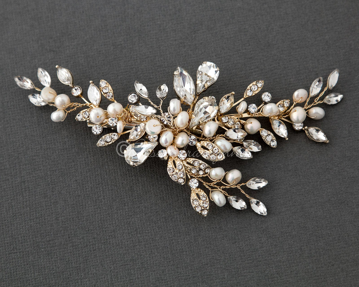 Pearl Bridal Hair Clip of Crystal Leaf and Pearl - Cassandra Lynne
