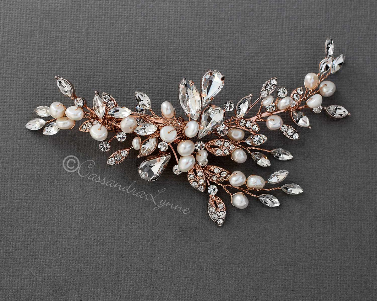 Pearl Bridal Hair Clip of Crystal Leaf and Pearl - Cassandra Lynne