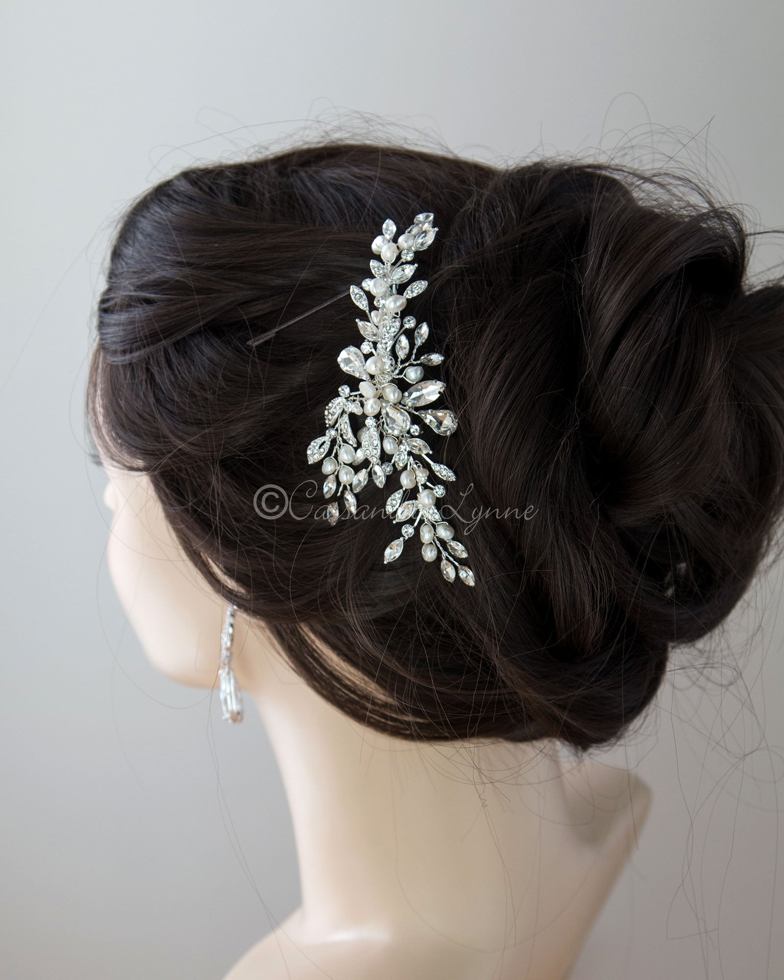 Pearl Bridal Hair Clip of Crystal Leaf and Pearl - Cassandra Lynne
