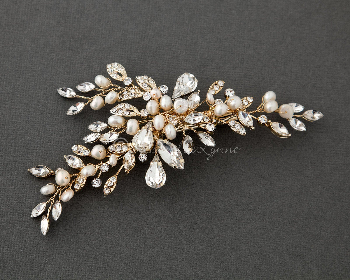 Pearl Bridal Hair Clip of Crystal Leaf and Pearl - Cassandra Lynne