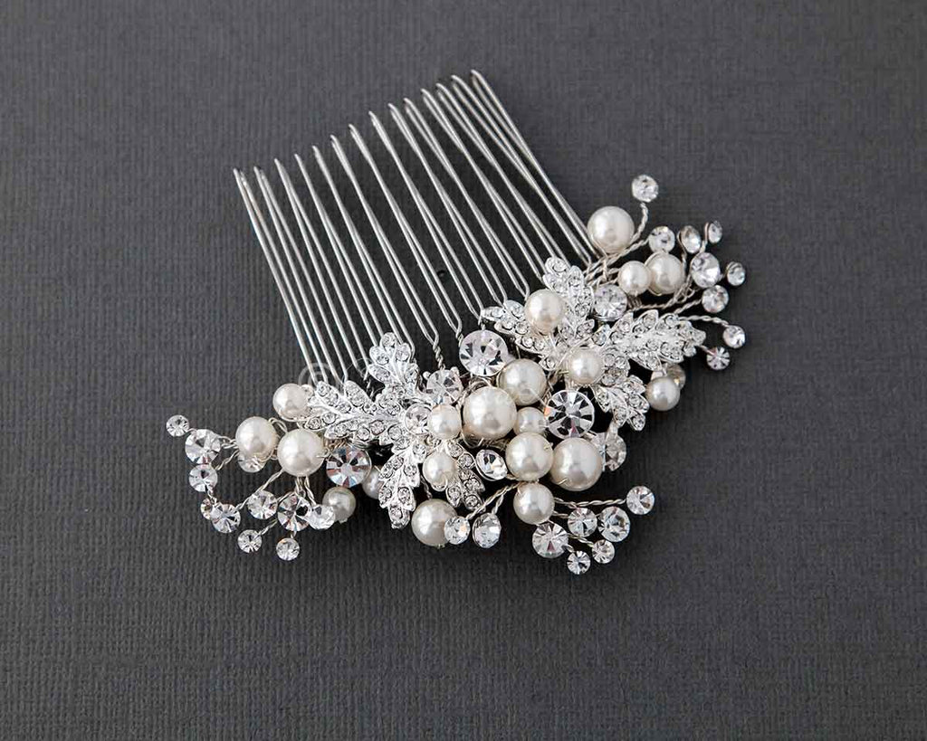 LBBA Crystal Pearl Wedding Hair Comb with Feather Plume & Silk Petals Ostrich Plume Comb / Ivory