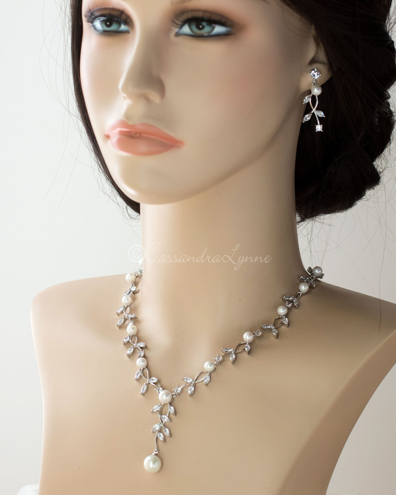 Pearl Bridal Necklace of Marquise CZ Vines - Necklace Set - Cassandra Lynne