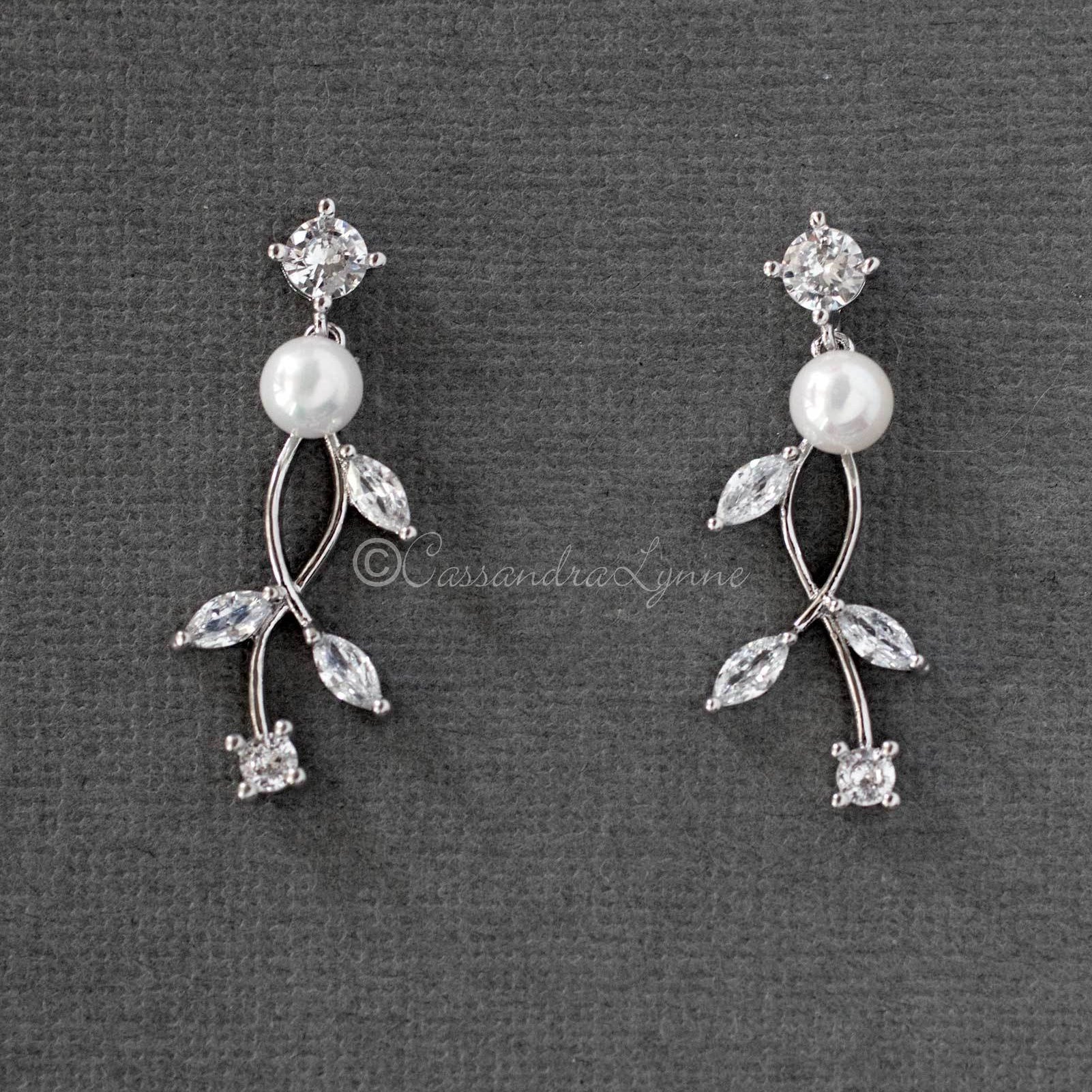 Pearl Bridal Necklace of Marquise CZ Vines - Necklace Set - Cassandra Lynne