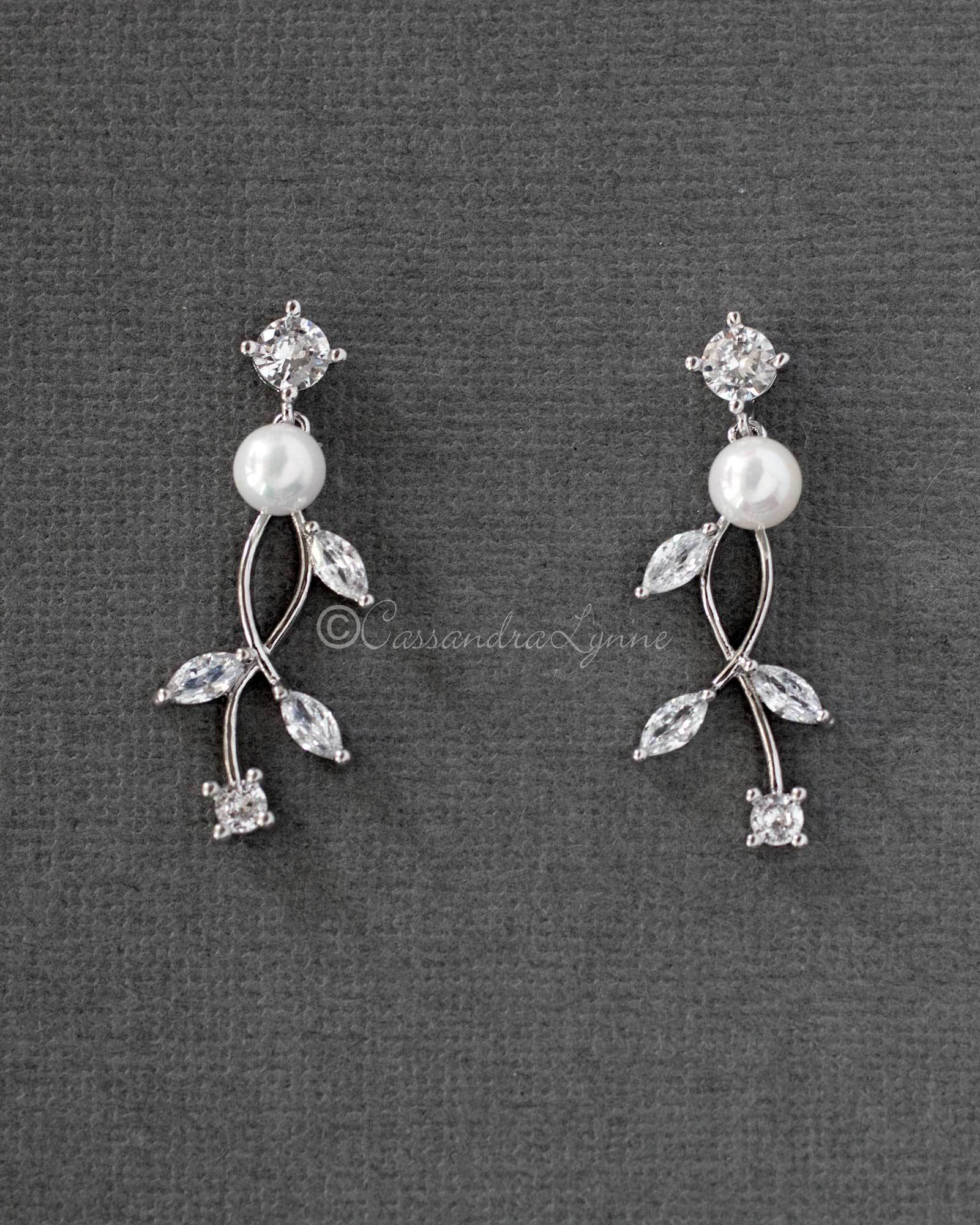 Pearl Bridal Necklace of Marquise CZ Vines - Necklace Set - Cassandra Lynne