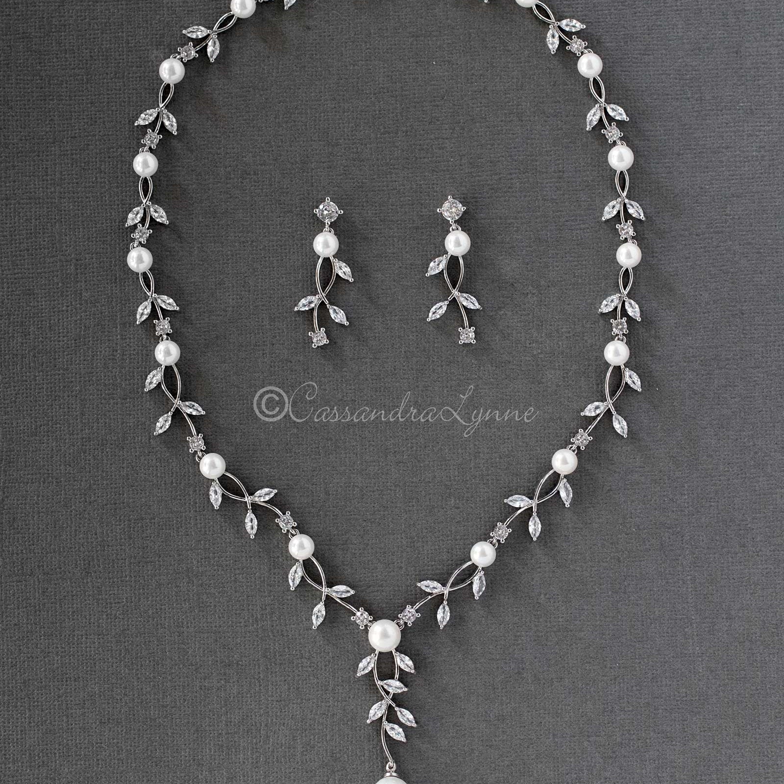 Pearl Bridal Necklace of Marquise CZ Vines - Necklace Set - Cassandra Lynne