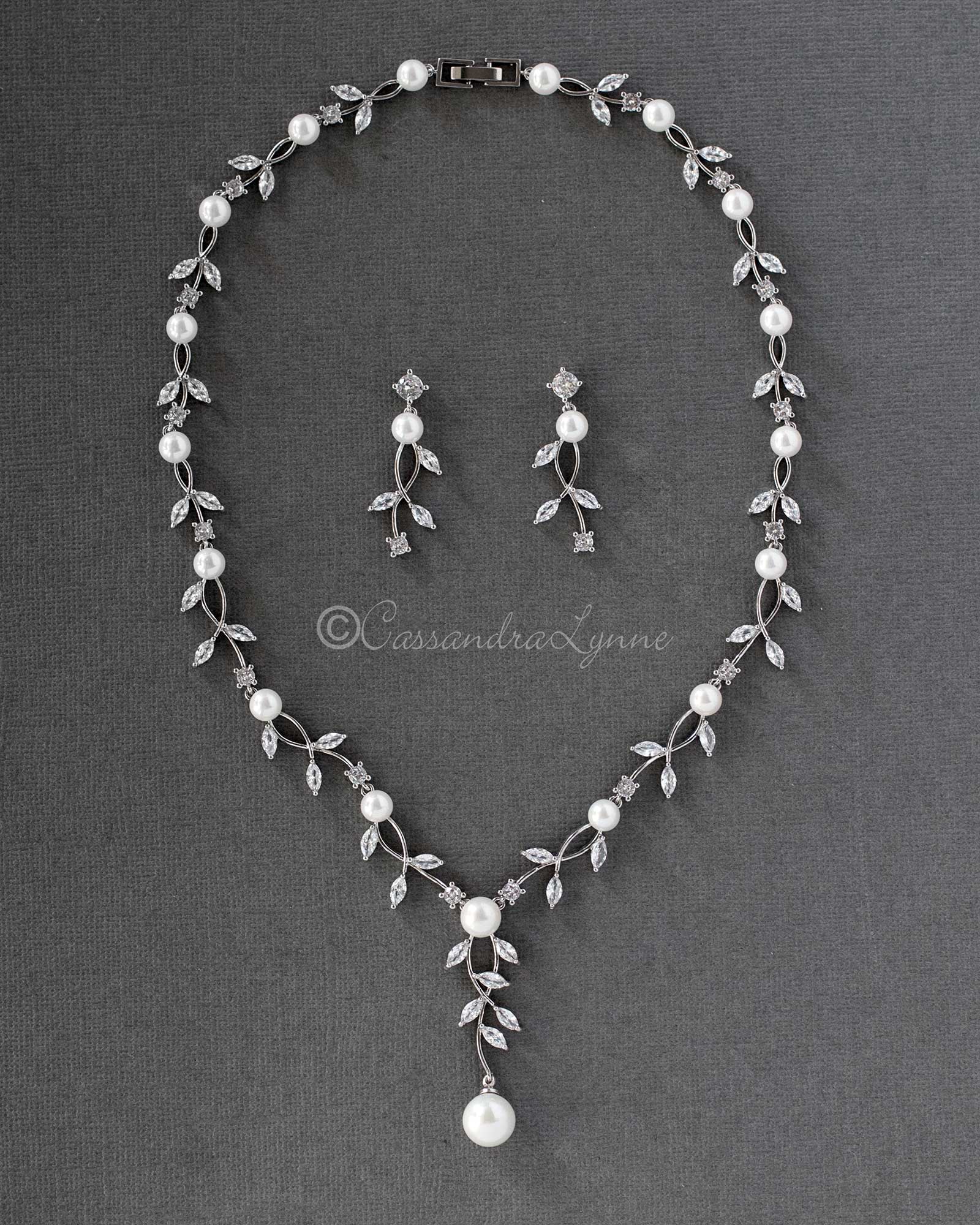 Pearl Bridal Necklace of Marquise CZ Vines - Necklace Set - Cassandra Lynne