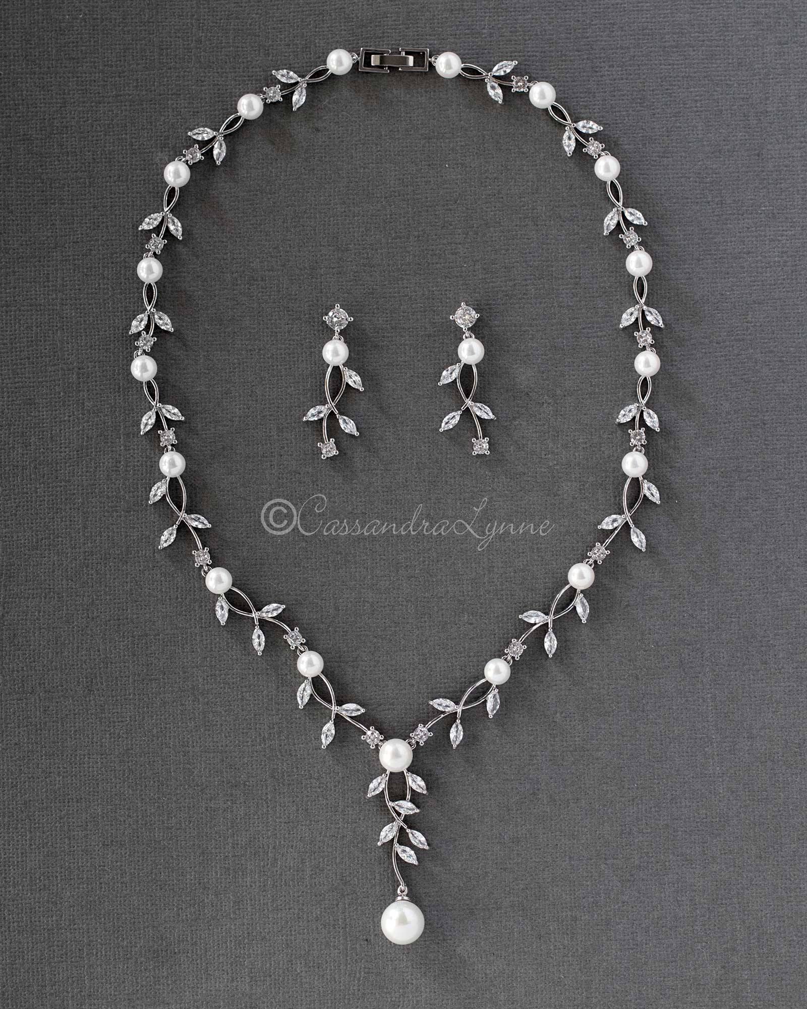 Pearl Bridal Necklace of Marquise CZ Vines - Cassandra Lynne