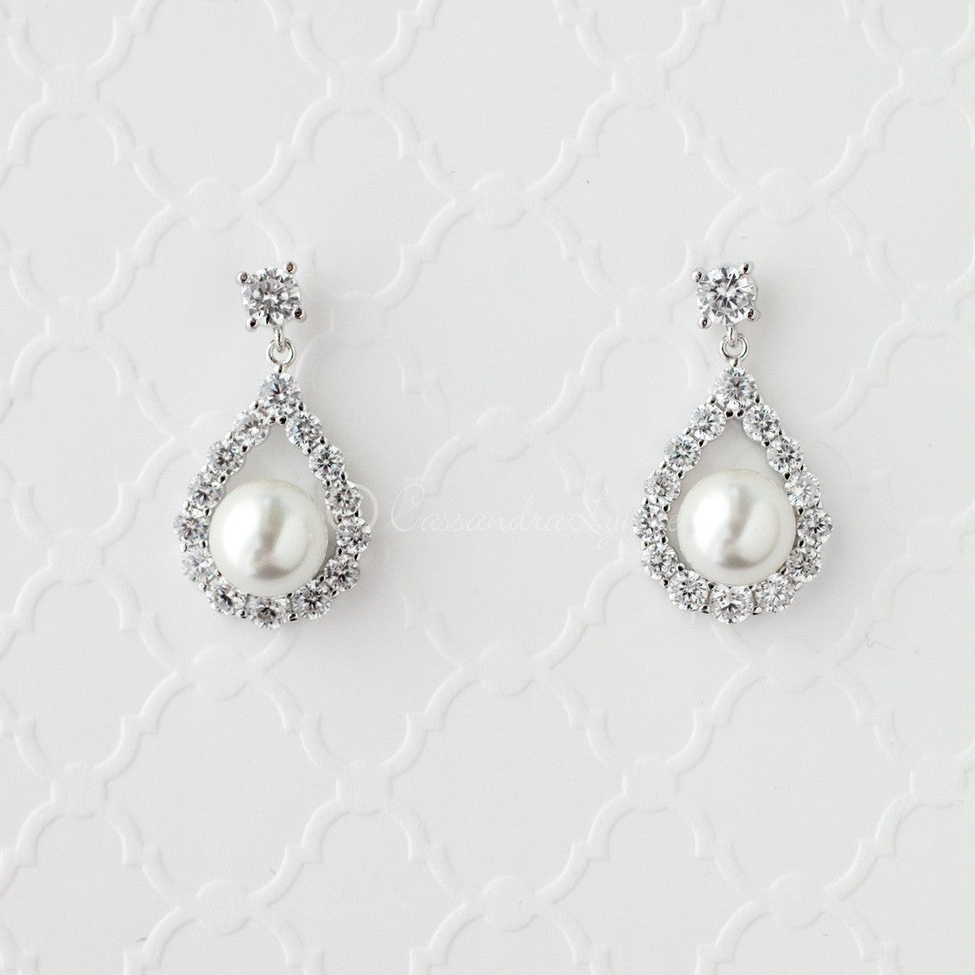 Pearl CZ Drop Bridal Earrings - Earrings - Cassandra Lynne