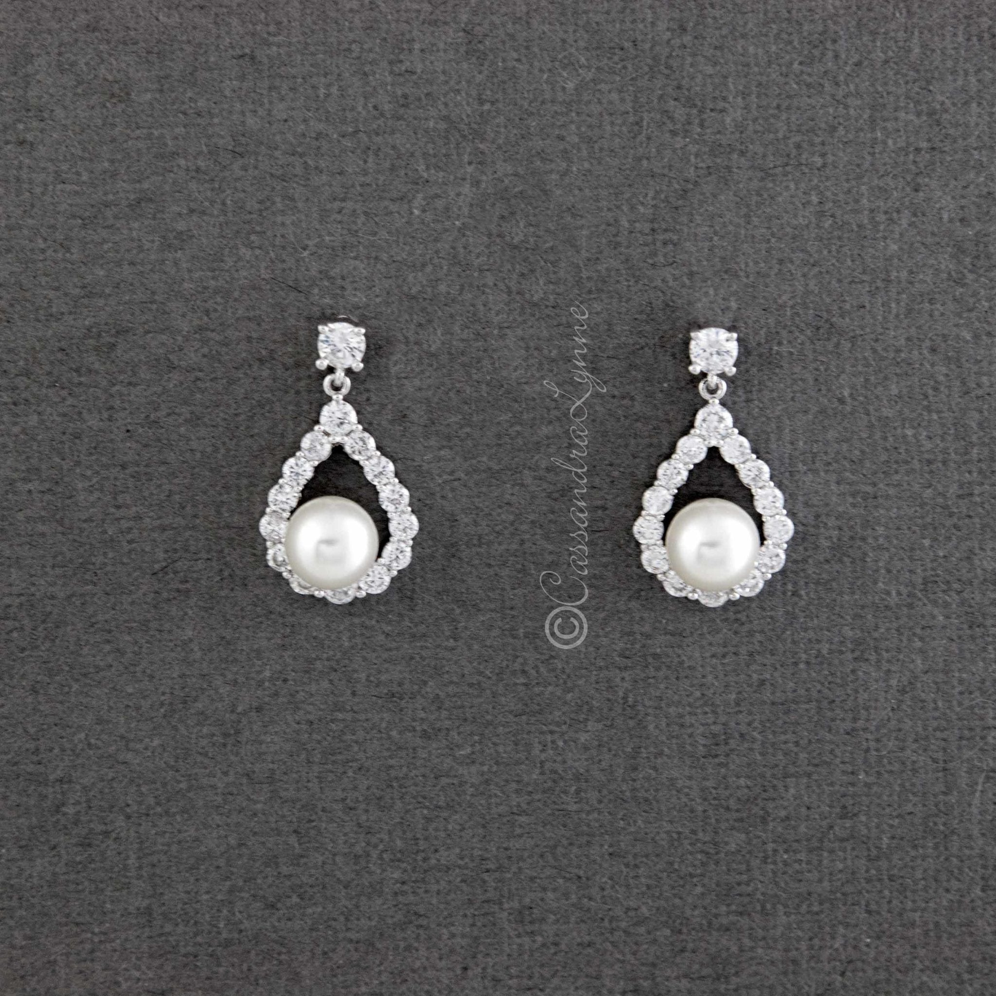 Pearl CZ Drop Bridal Earrings - Earrings - Cassandra Lynne