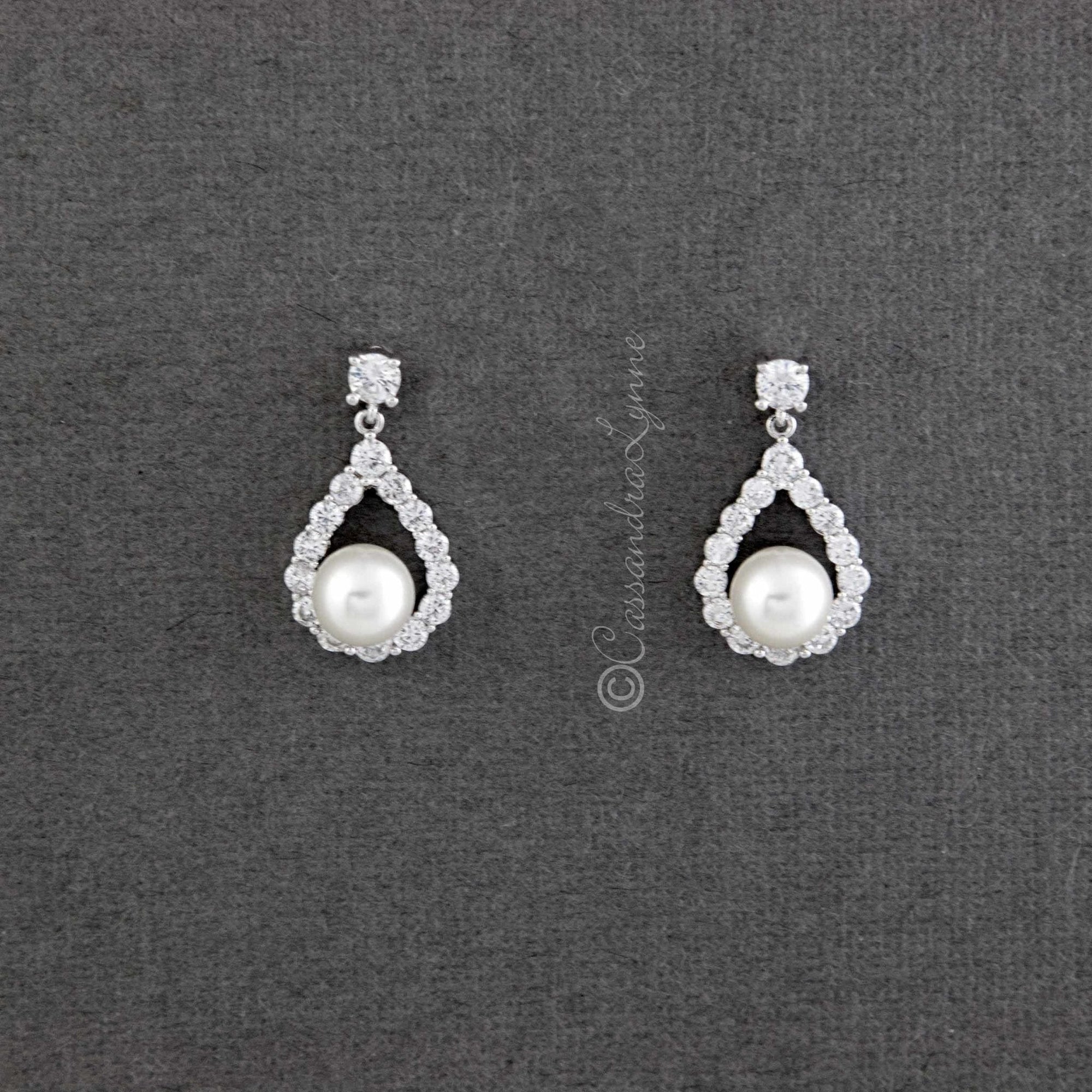 Pearl CZ Drop Bridal Earrings - Earrings - Cassandra Lynne