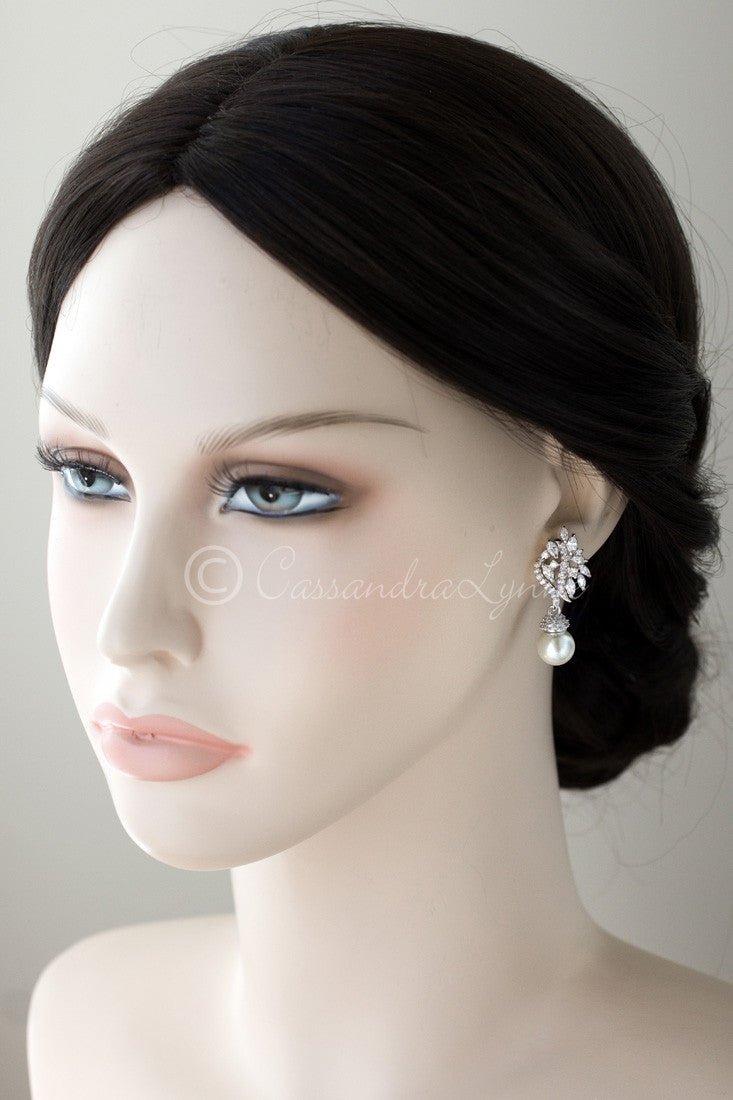 Pearl CZ Earring Drops with Marquise Vine Design - Cassandra Lynne
