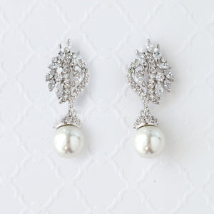 Pearl CZ Earring Drops with Marquise Vine Design - Cassandra Lynne