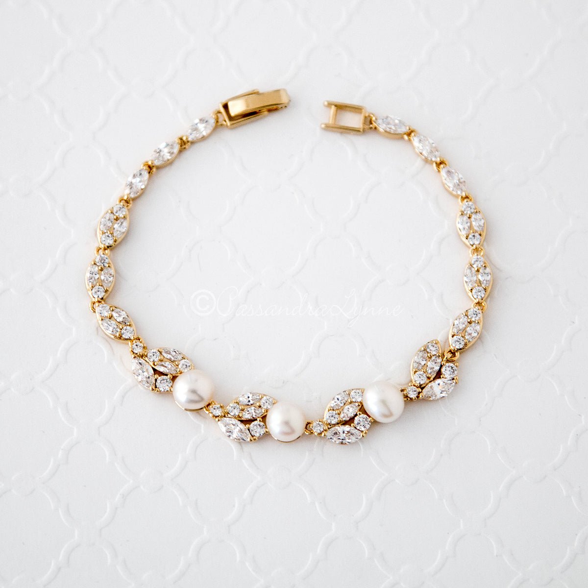 Freshwater Pearl CZ Wedding Bracelet with Leaves - Cassandra Lynne