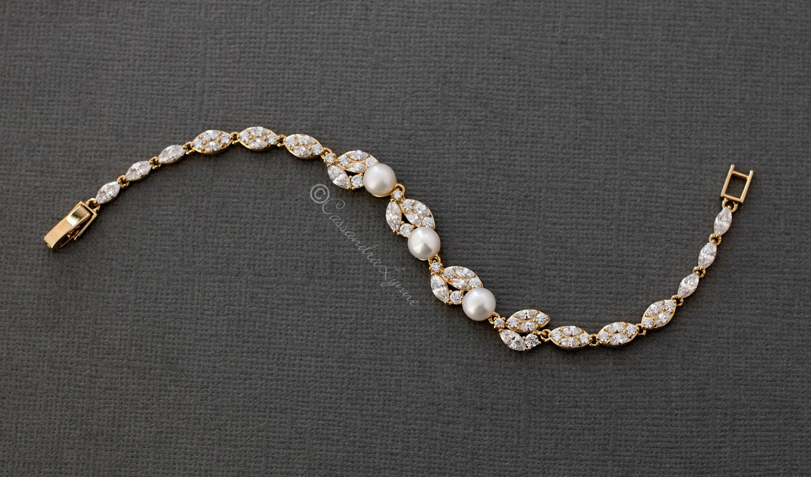 Freshwater Pearl CZ Wedding Bracelet with Leaves - Cassandra Lynne