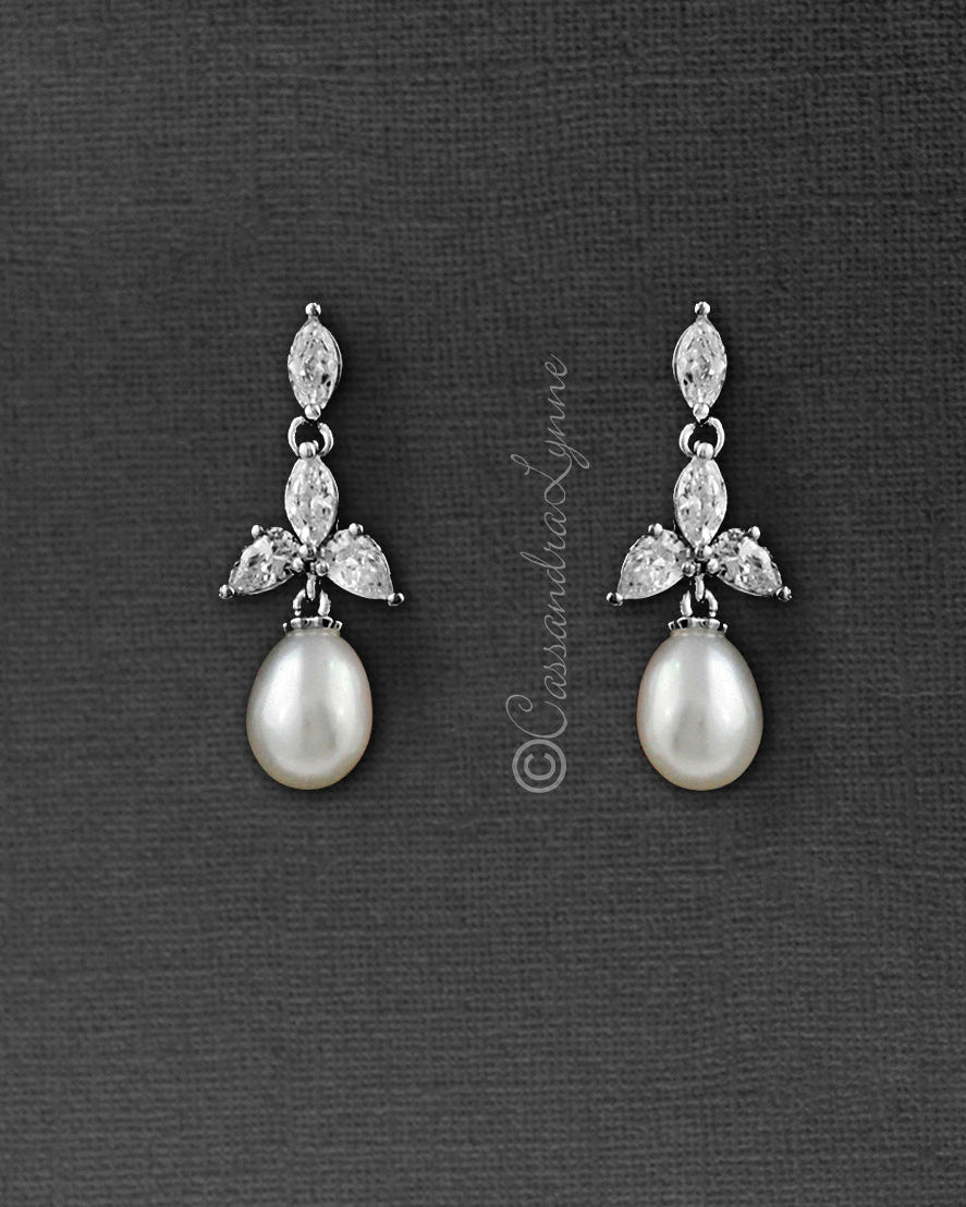 Pearl Drop Bridal Earrings with CZ Jewels - Earrings - Cassandra Lynne