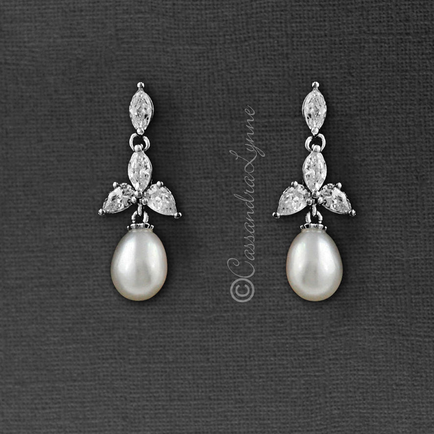 Pearl Drop Bridal Earrings with CZ Jewels - Earrings - Cassandra Lynne