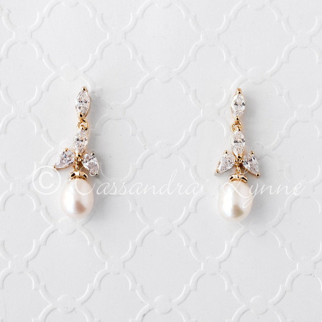 Pearl Drop Bridal Earrings with CZ Jewels - Earrings - Cassandra Lynne