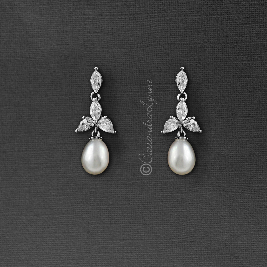 Pearl Drop Bridal Earrings with CZ Jewels - Cassandra Lynne