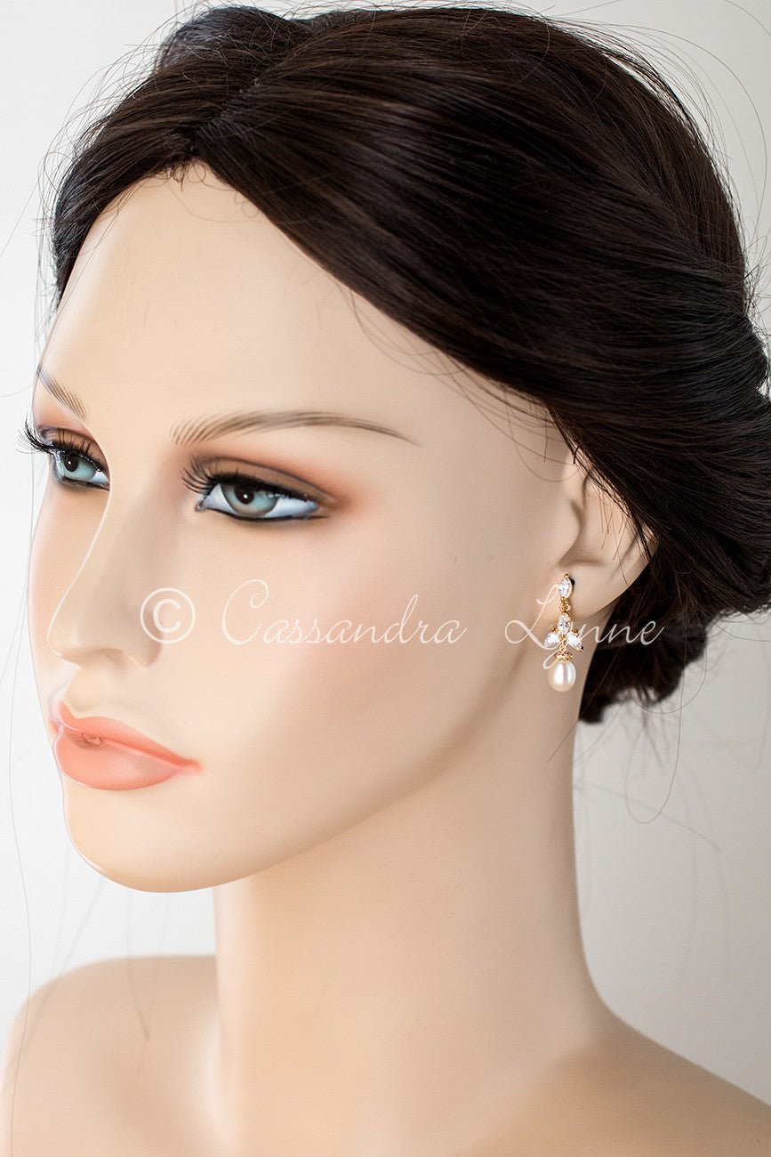Pearl Drop Bridal Earrings with CZ Jewels - Cassandra Lynne