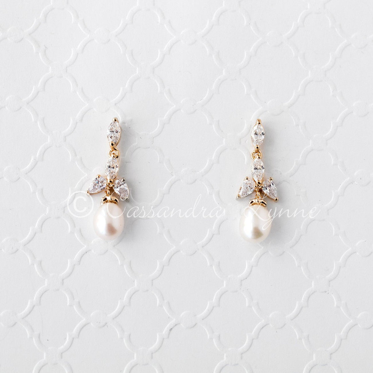 Pearl Drop Bridal Earrings with CZ Jewels - Cassandra Lynne