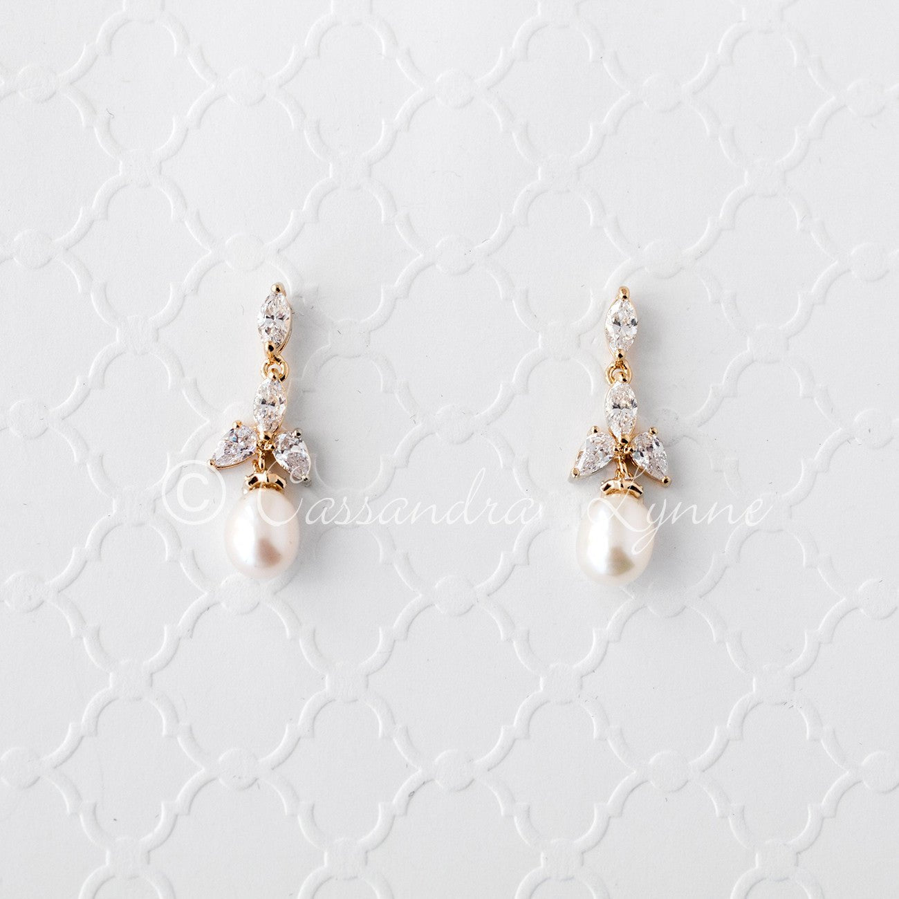 Pearl Drop Bridal Earrings with CZ Jewels - Cassandra Lynne