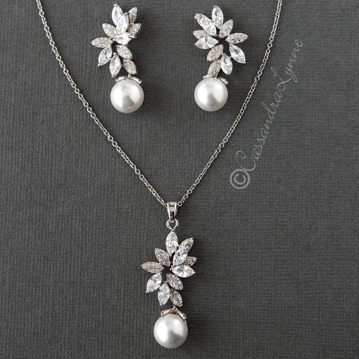 Pearl Pendant Necklace and Earrings Set with CZ Jewels - Necklace Set - Cassandra Lynne