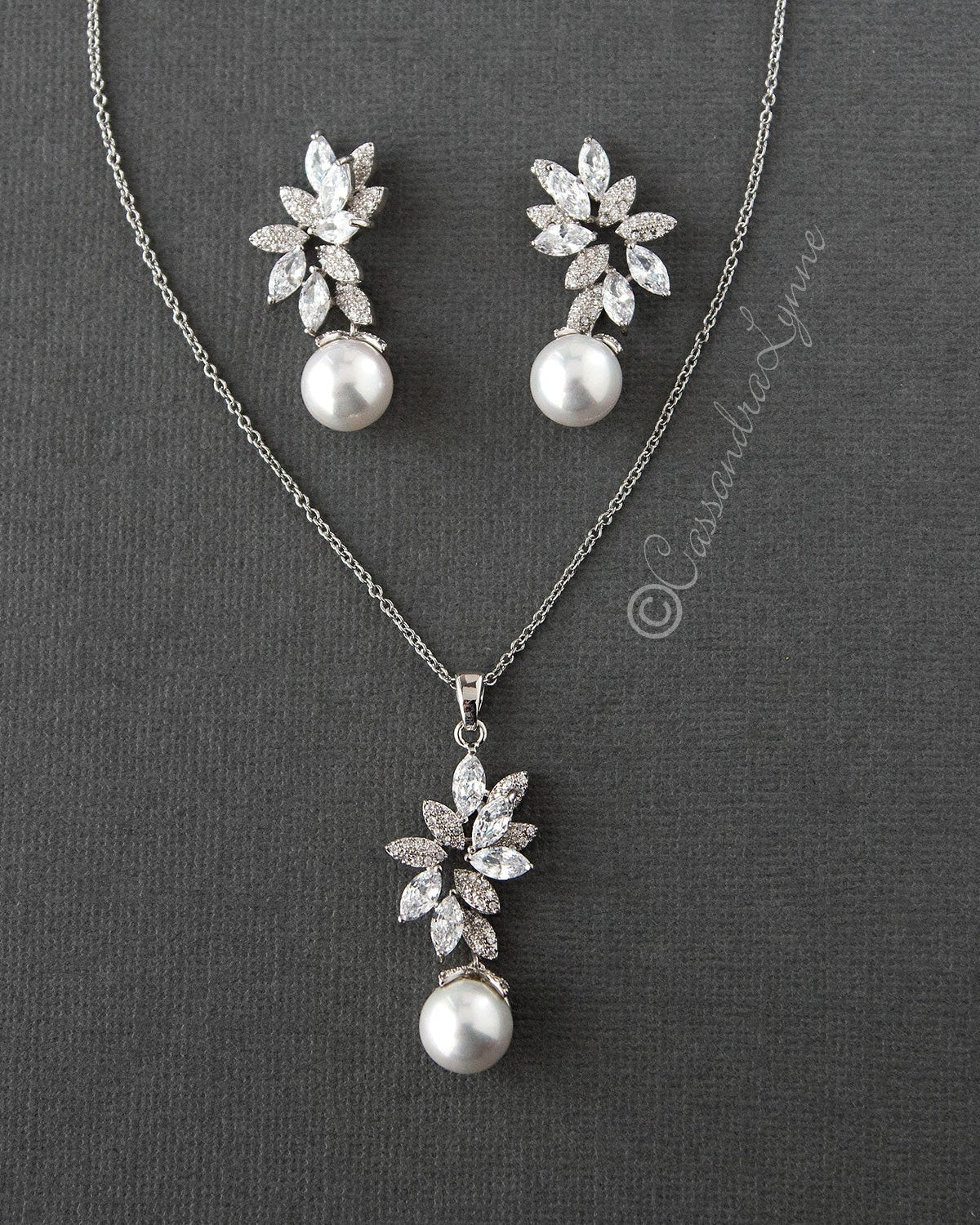 Pearl Pendant Necklace and Earrings Set with CZ Jewels - Necklace Set - Cassandra Lynne