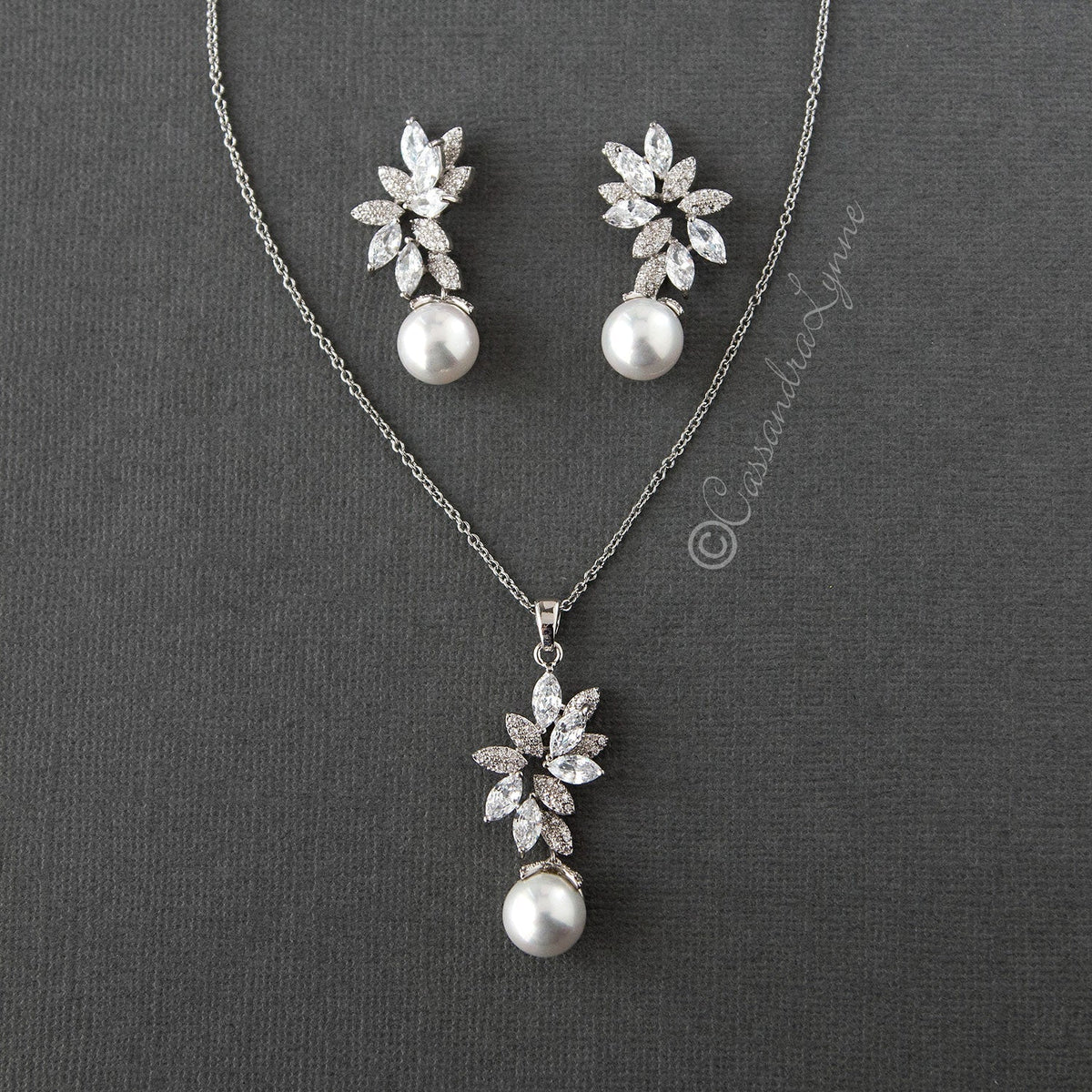 Pearl Pendant Necklace and Earrings Set with CZ Jewels - Necklace Set - Cassandra Lynne
