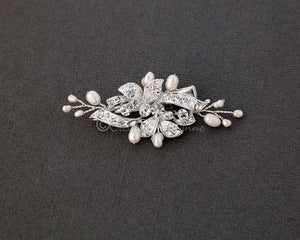 Silver Small Crystal and Pearl Floral Hair Clip