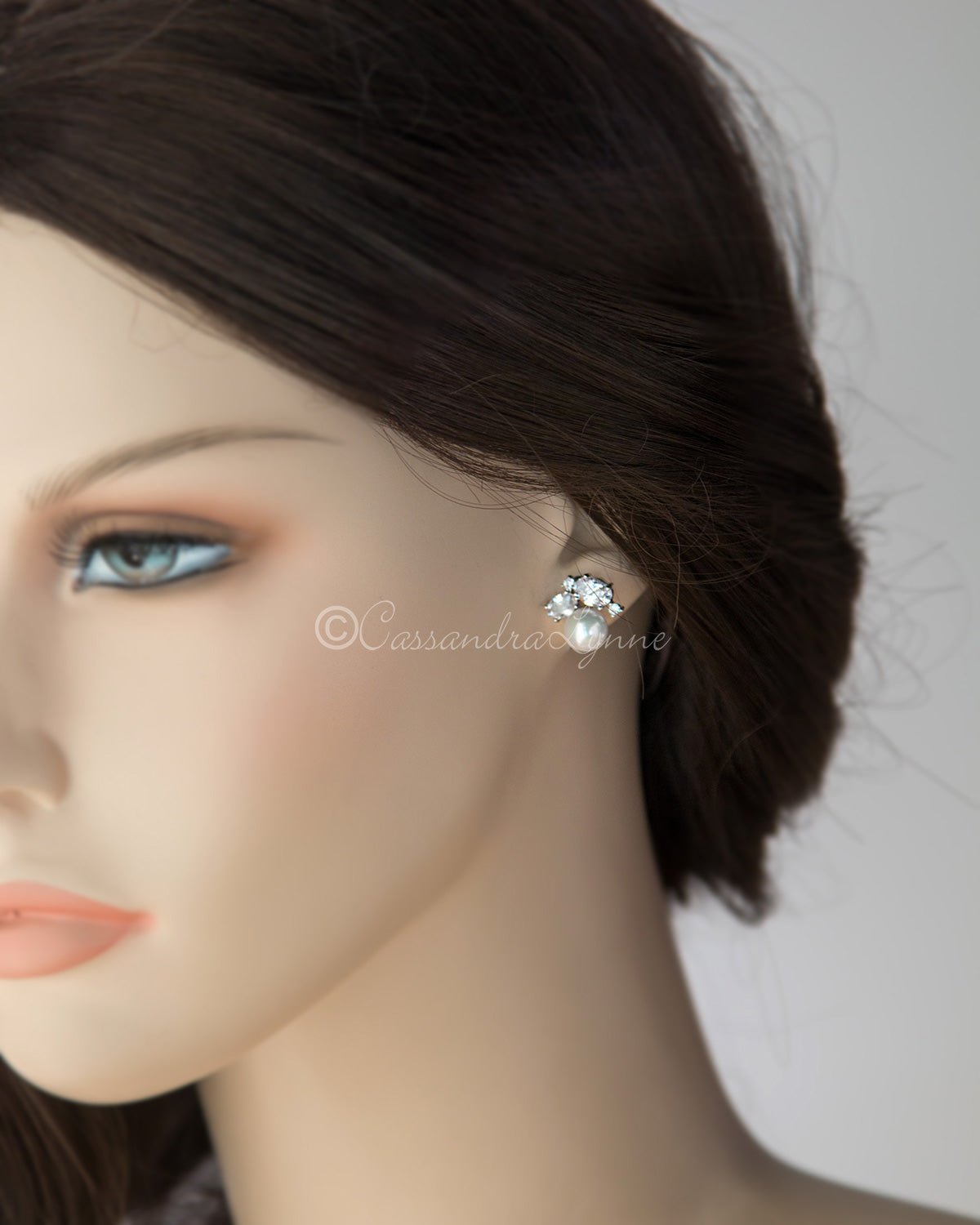 Pearl Stud Earrings with Oval CZ - Cassandra Lynne