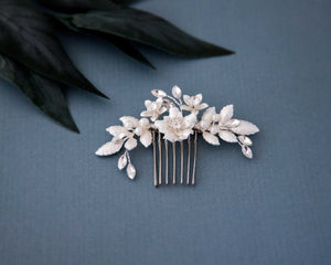 Pearl Wedding Comb with Porcelain Luster Flower - Cassandra Lynne