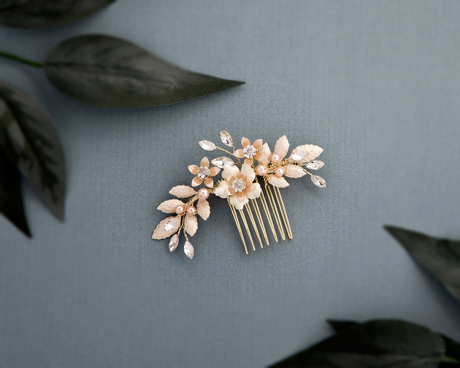 Bridal Veil Comb of Porcelain Flowers and Light Gold Leaves - Cassandra  Lynne