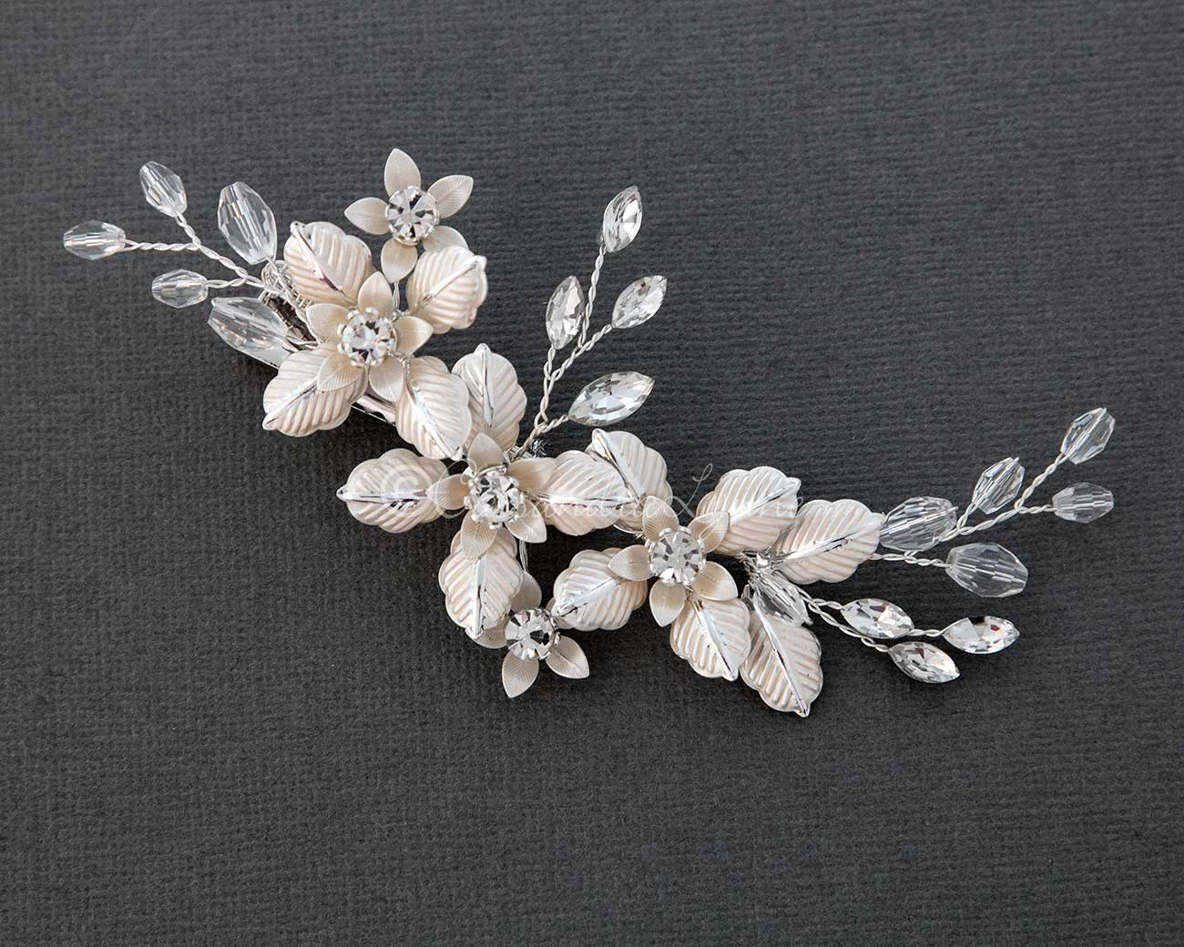 Petite Crystal Bridal Hair Clip of Brushed Metal Flowers - Hair Clips - Cassandra Lynne