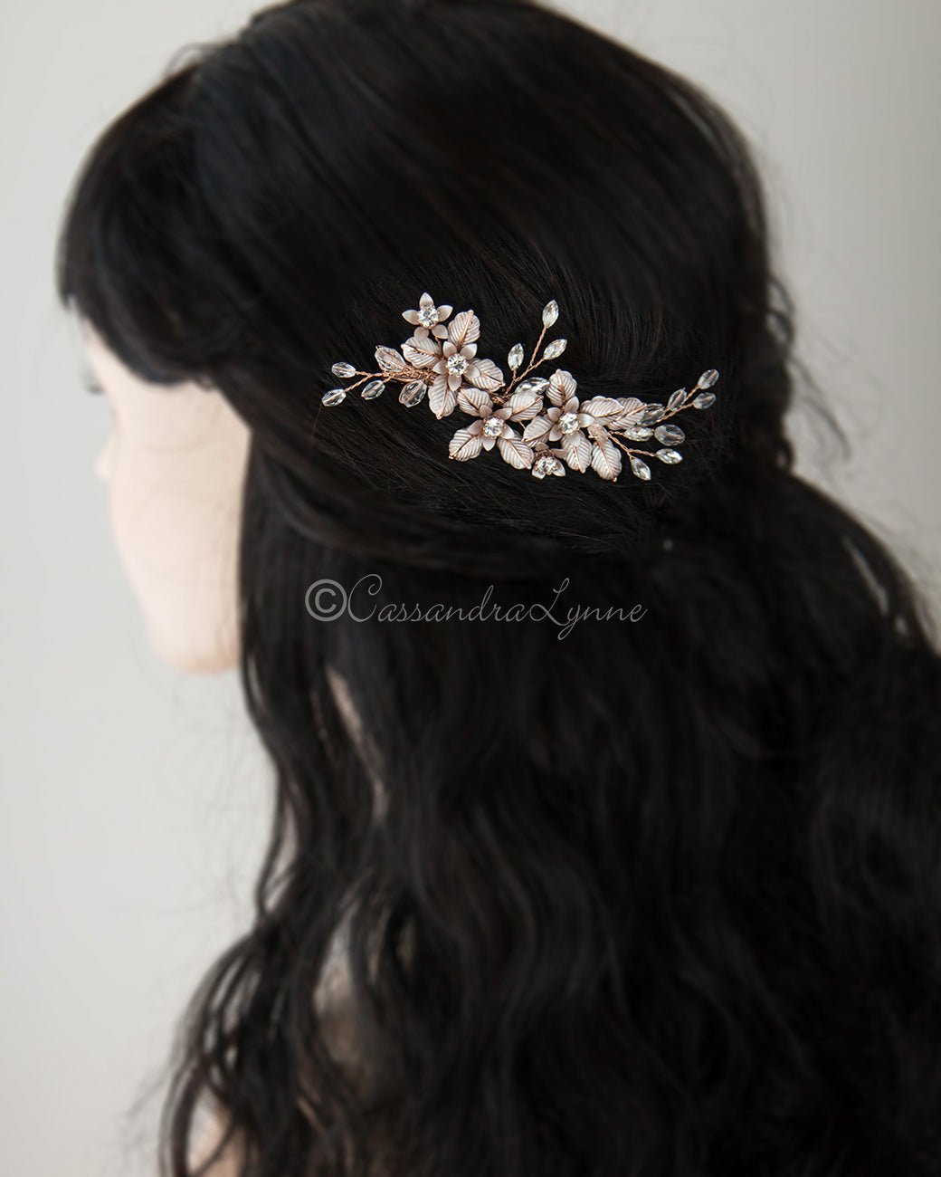 Petite Crystal Bridal Hair Clip of Brushed Metal Flowers - Cassandra Lynne