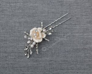 Porcelain Flower Bridal Hair Pin with Pearls - Cassandra Lynne