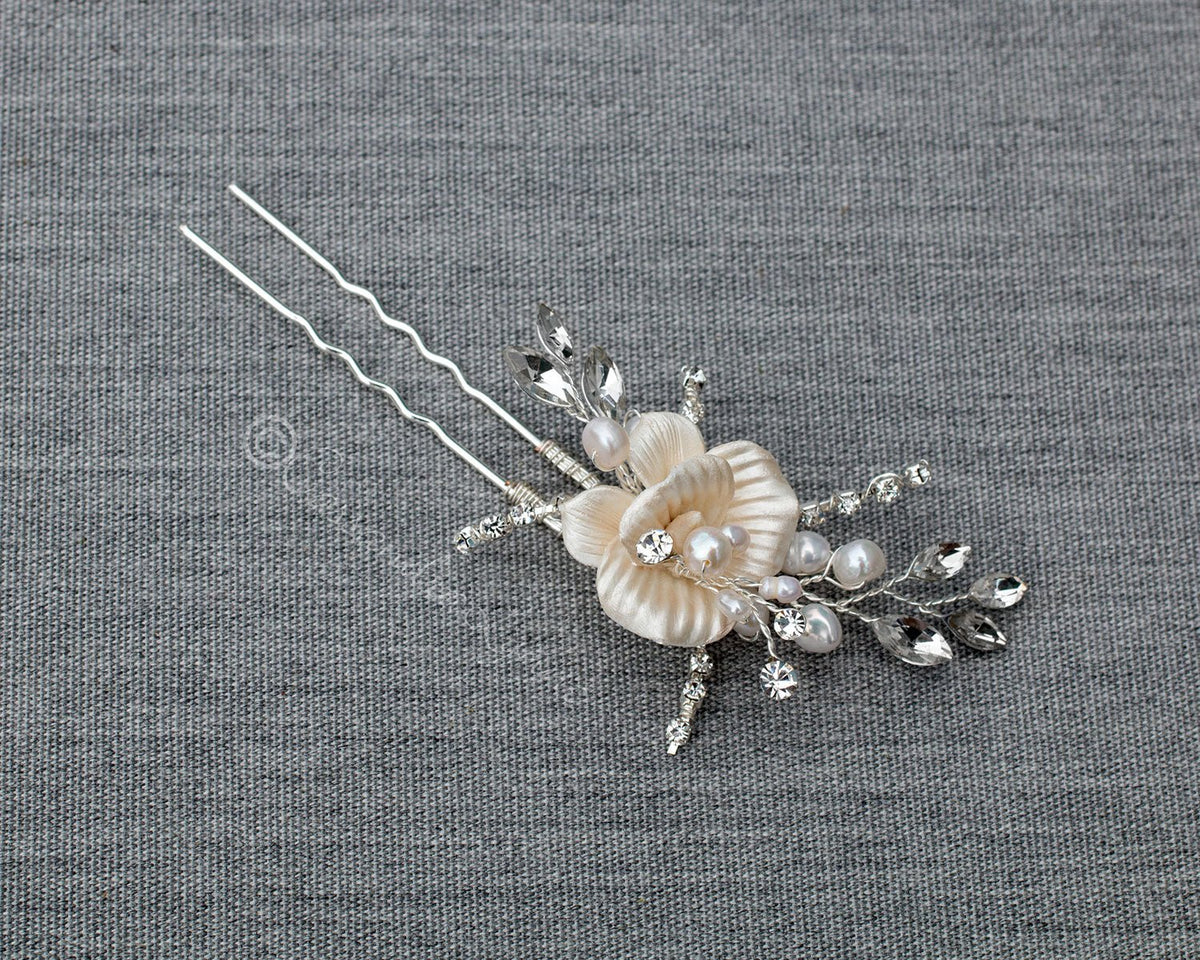 Porcelain Flower Bridal Hair Pin with Pearls - Cassandra Lynne