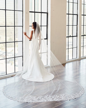 Regal Bridal Veil with Beaded Flower Lace - Cassandra Lynne