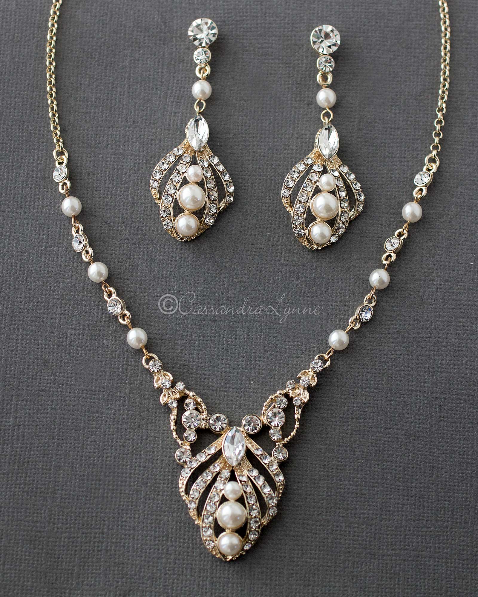Regal Pearl Bridal Necklace Set - Necklace Set - Cassandra Lynne